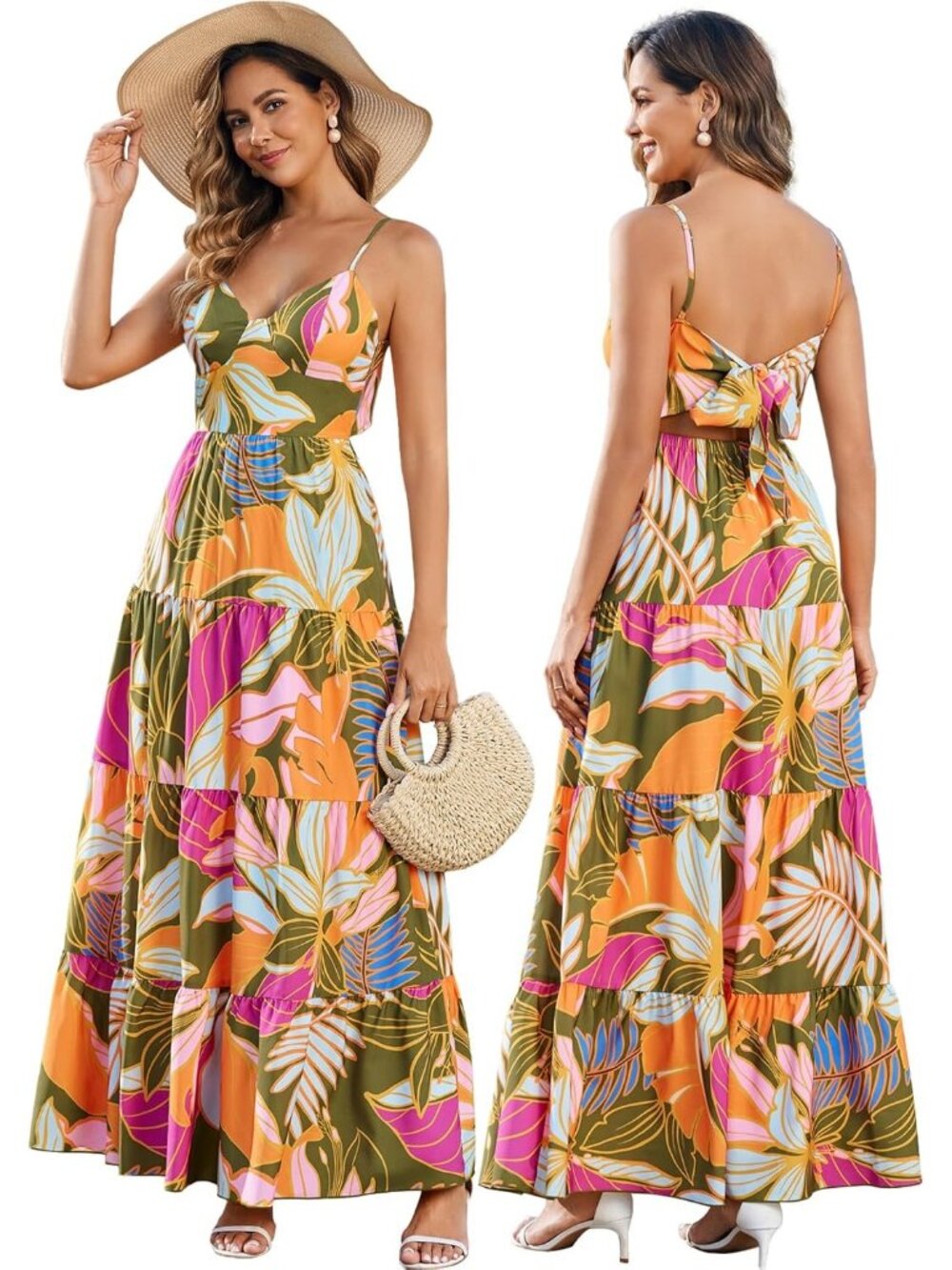 Women's Green Floral Boho Floral Maxi V-Neck Backless Tie Strap Flowy Sundress